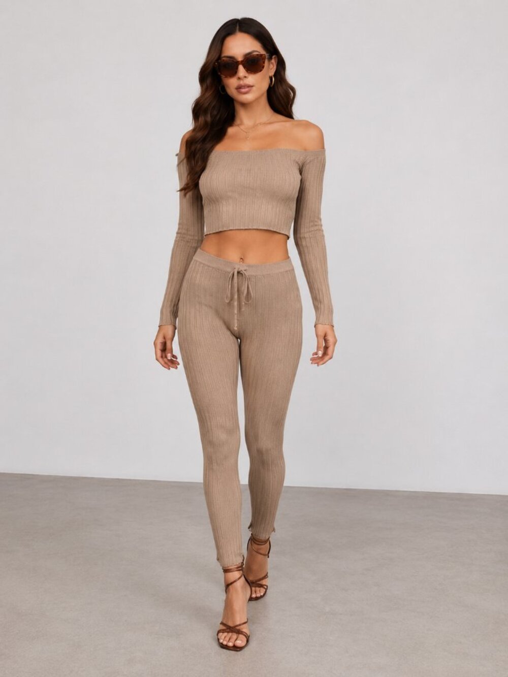 Tan Minimalist Ribbed Knit Legging Set NWT